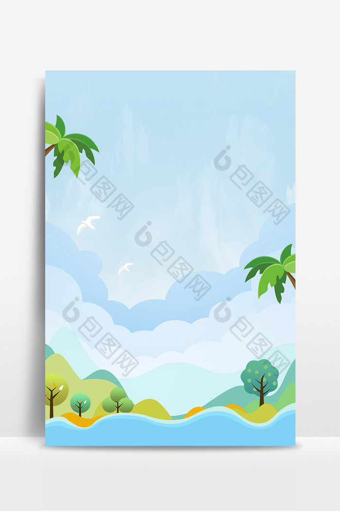 夏天卡通椰树蓝天白云风景促销图 背景下载 包图网