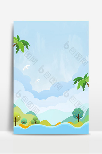 夏天卡通椰树蓝天白云风景促销背景图图片