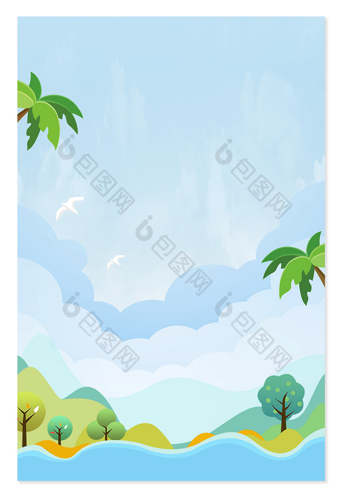 夏天卡通椰树蓝天白云风景促销背景图