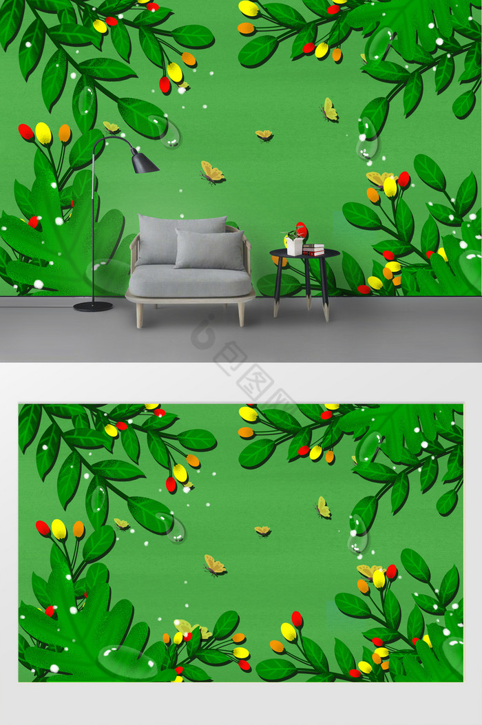 现代绿色植物树叶小清新花草背景墙图片