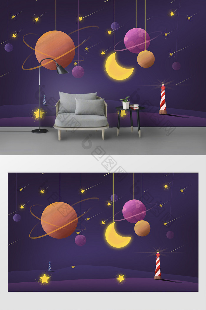 手绘太空星球月亮星星梦幻儿童房电视背景墙