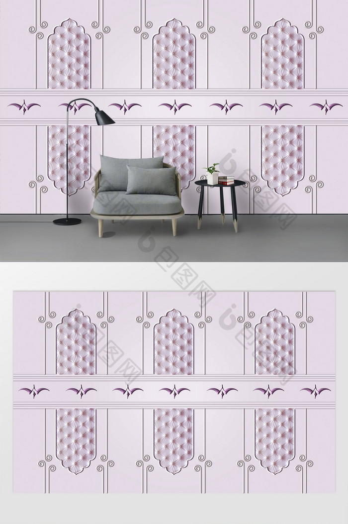 现代时尚浮雕石膏线简洁软包纹浅紫色背景墙