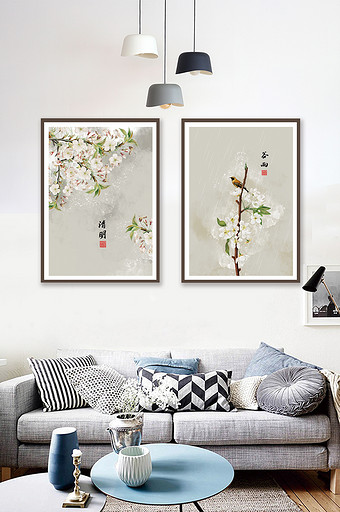 中国风民俗节气清明谷雨风景客厅卧室装饰画图片
