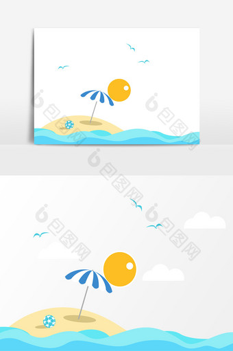 夏季海洋沙滩飞鸟元素图片