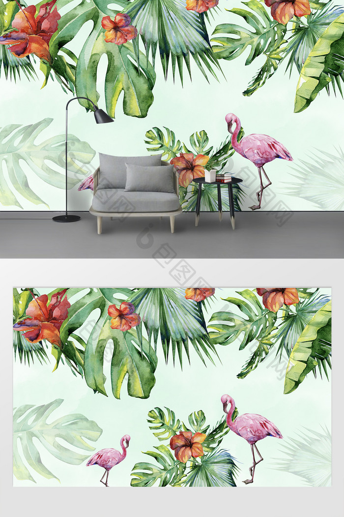现代简约水彩风手绘植物背景墙