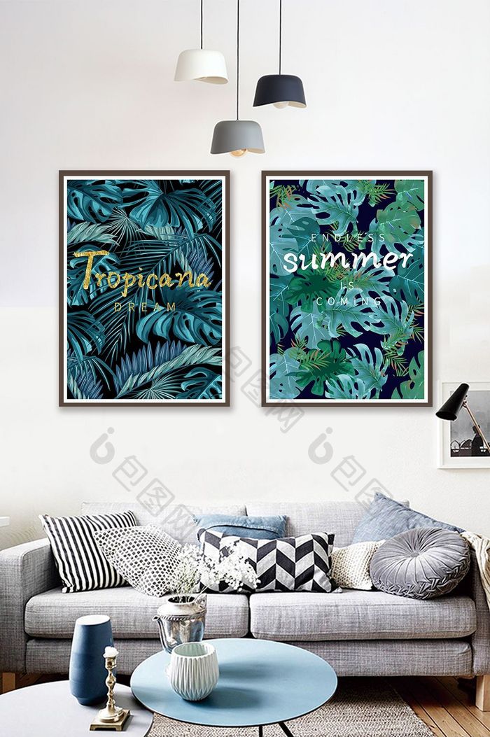 小清新热带树叶植物客厅双联装饰画