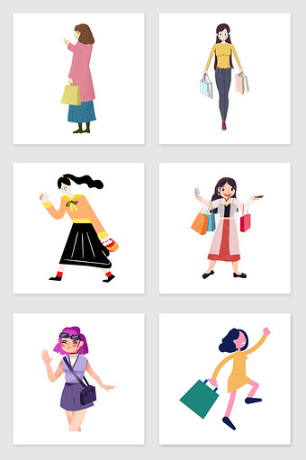 手绘逛街购物的女人套图插画元素图片