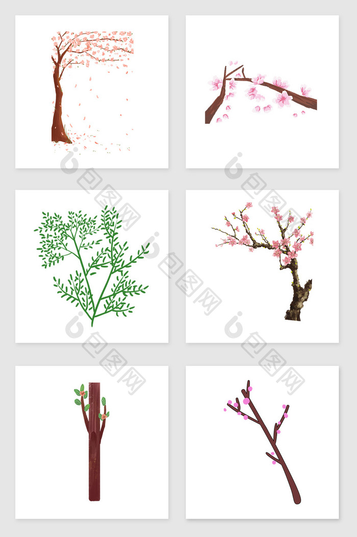 手绘开花的树套图插画元素