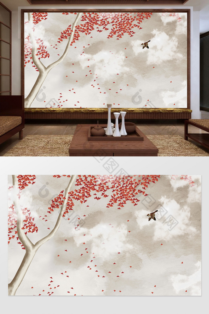 中式奢华手绘花鸟背景墙