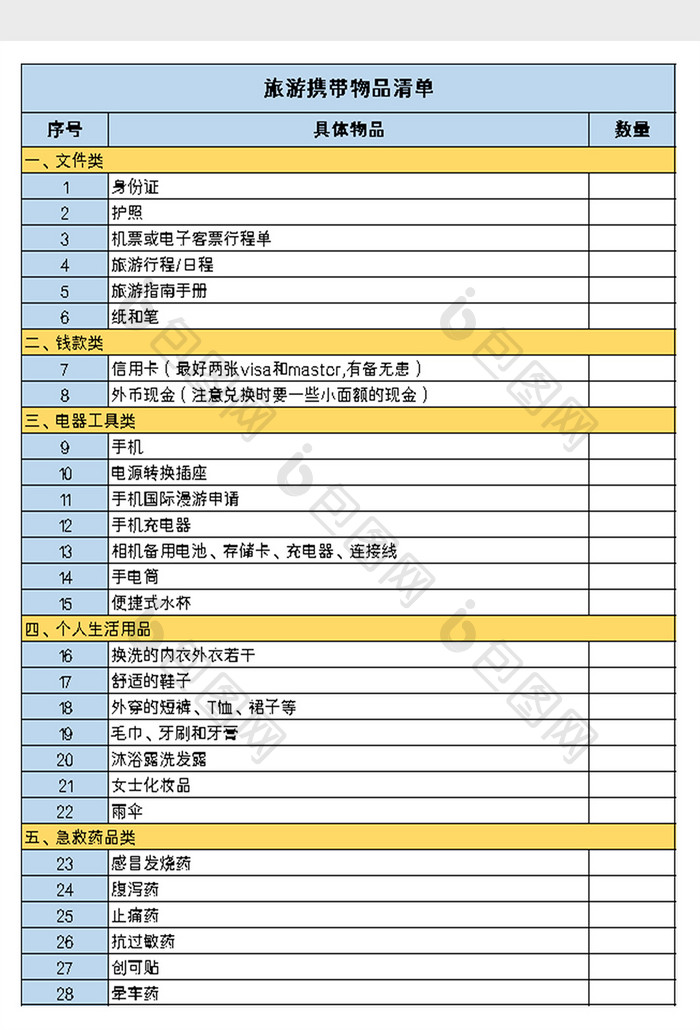 旅游出行物品清单excel模板
