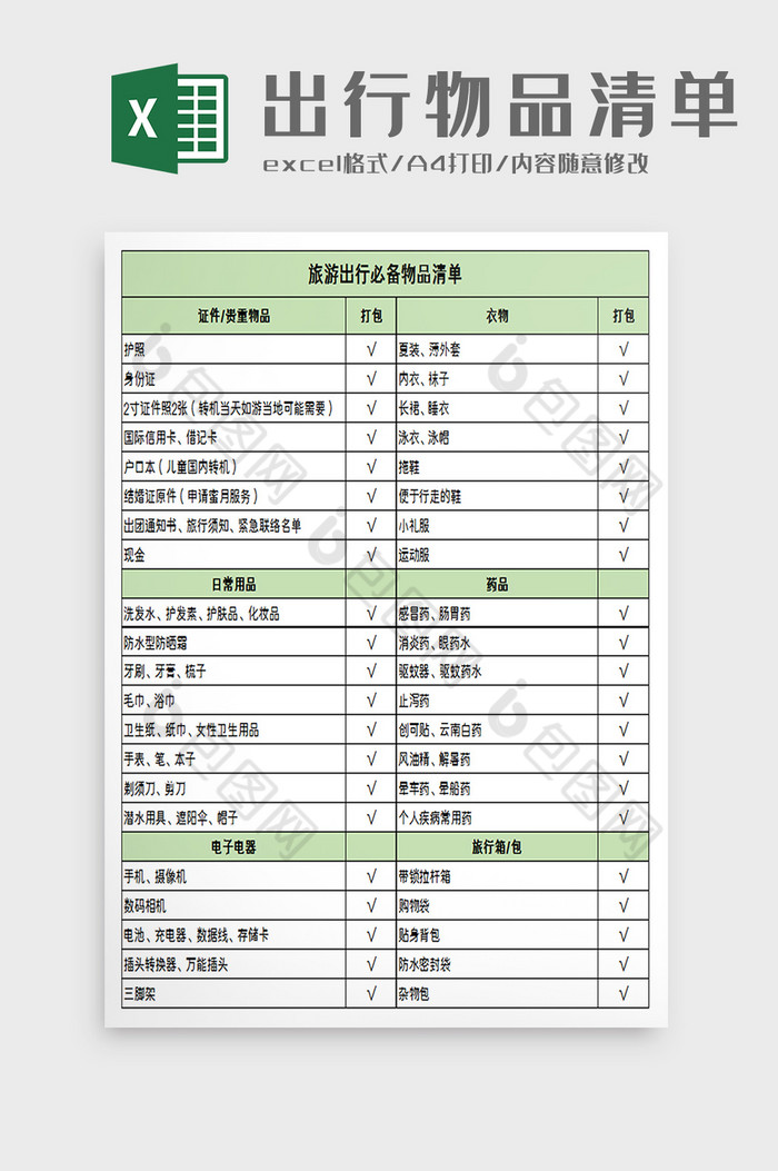 出行物品清单明细excel模板图片图片