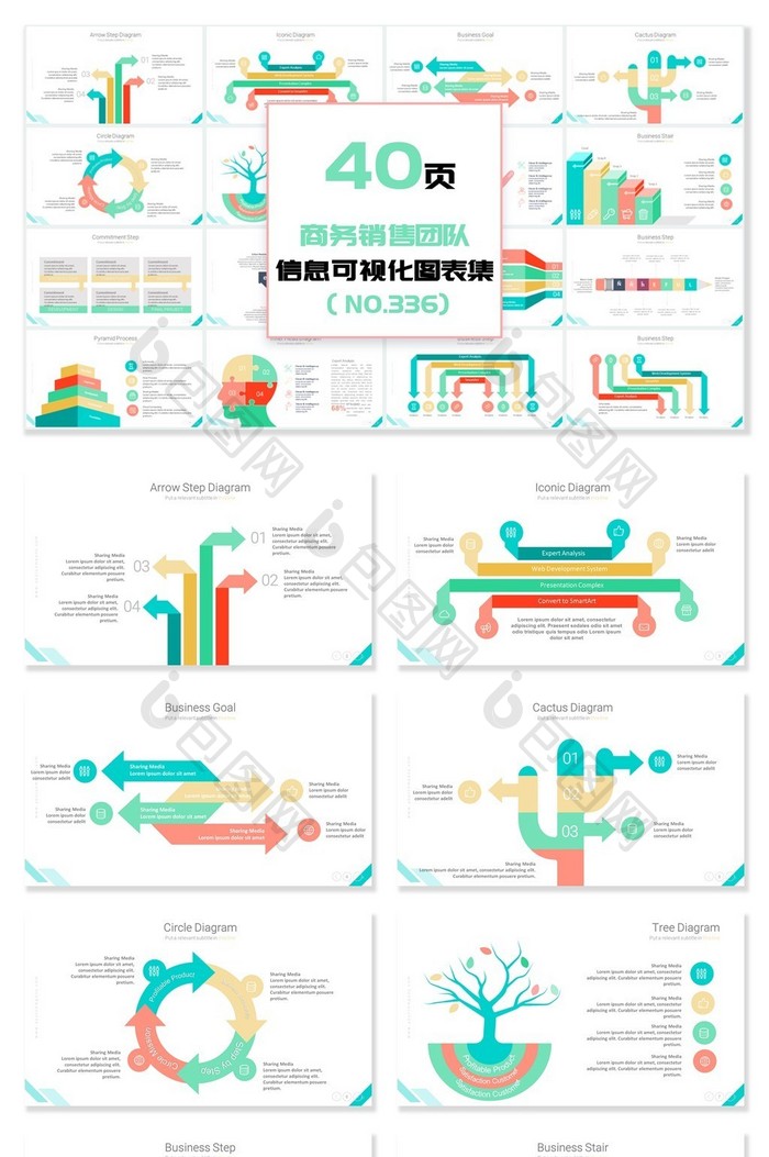 40页多彩箭头信息可视化PPT图表