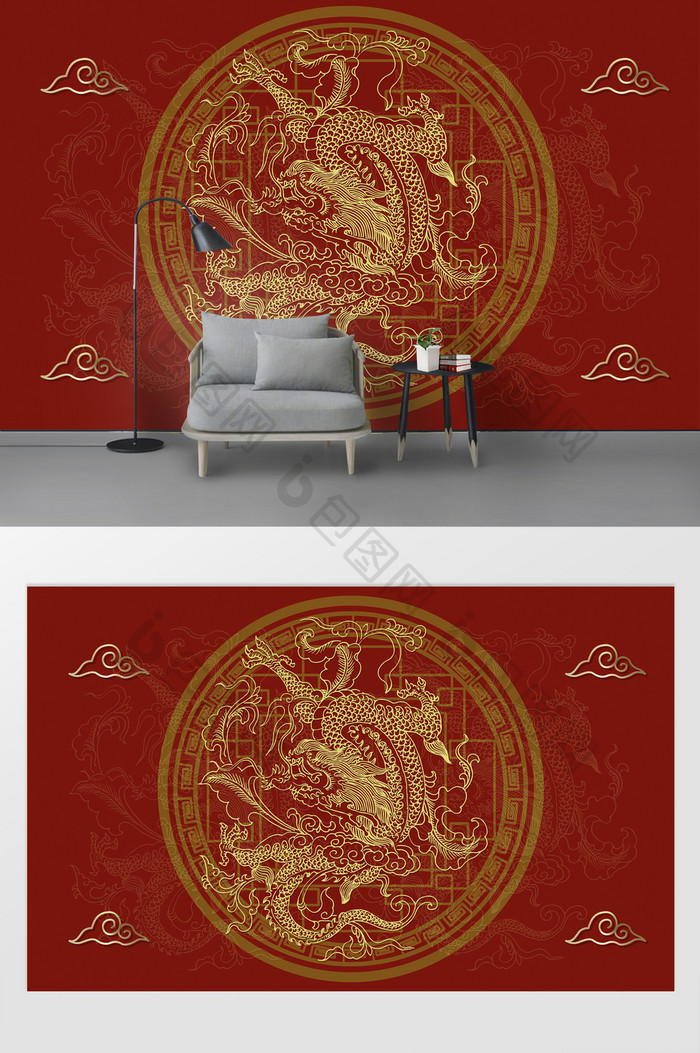 新现代国潮传统纹样中国龙背景墙