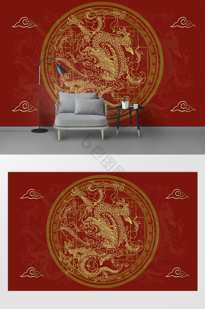 新现代国潮传统纹样中国龙背景墙图片