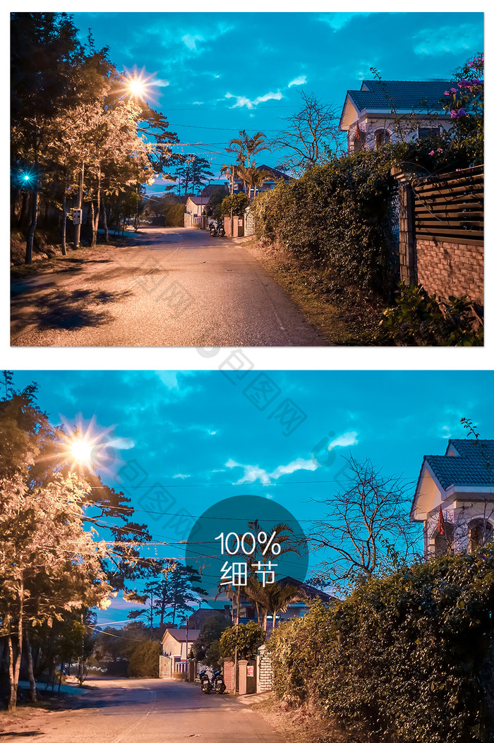 越南日落蓝调时分宁静街道摄影图