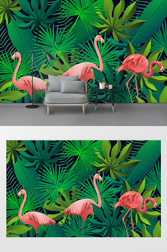 清新手绘水彩清新热带植物火烈鸟背景墙图片