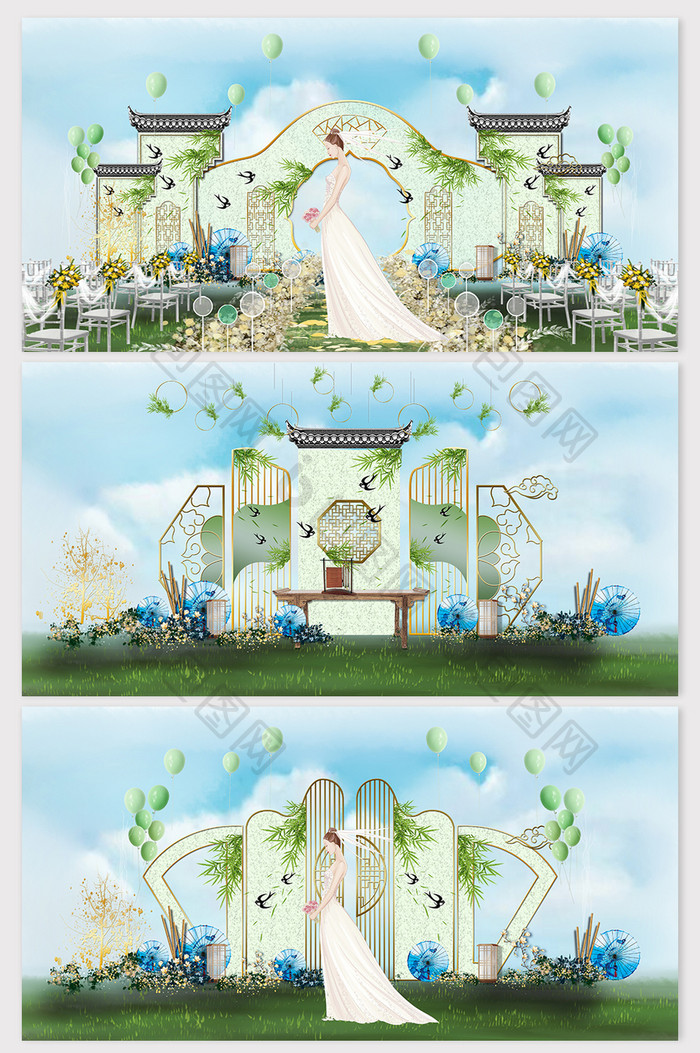清新嫩绿色春回大地唯美中式草坪婚礼效果图
