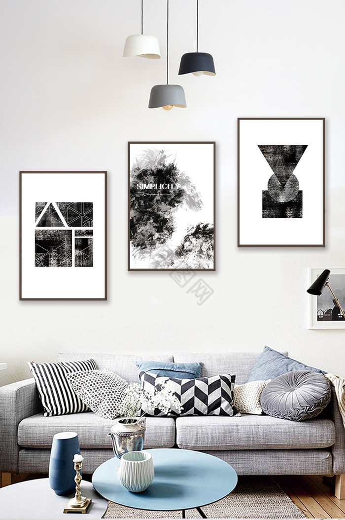 简欧高端黑白抽象几何风格客厅卧室装饰画图片