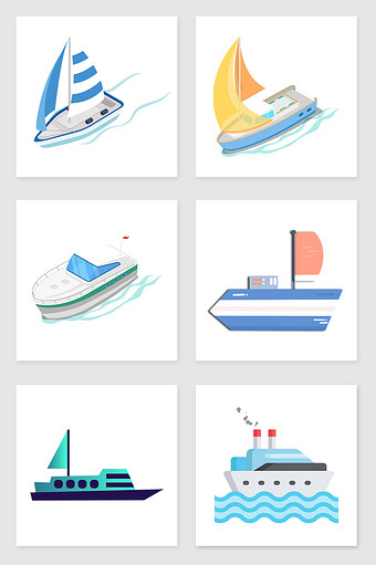 手绘轮船和游艇套图插画元素图片