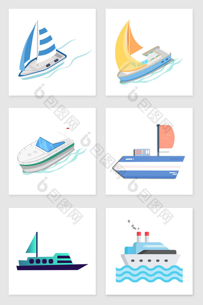 手绘轮船和游艇套图插画元素
