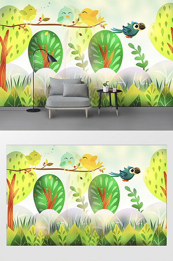 现代温馨卡通小鸟植物森林花卉儿童房背景墙图片