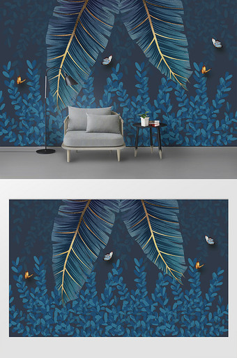 新现代简约小清新热带植物树叶蝴蝶背景墙图片
