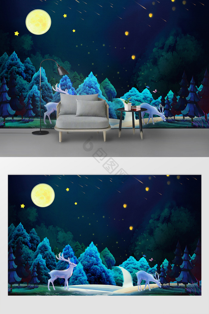 北欧夜色森林麋鹿风景客厅电视背景墙图片