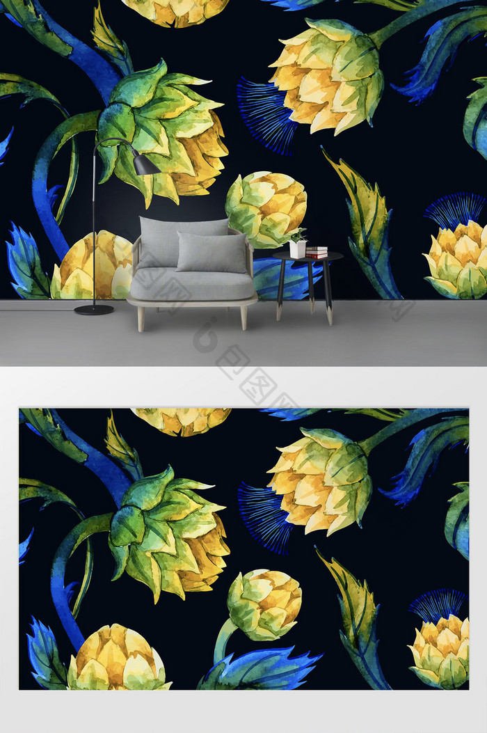 新现代国潮手绘花卉传统纹样电视背景墙