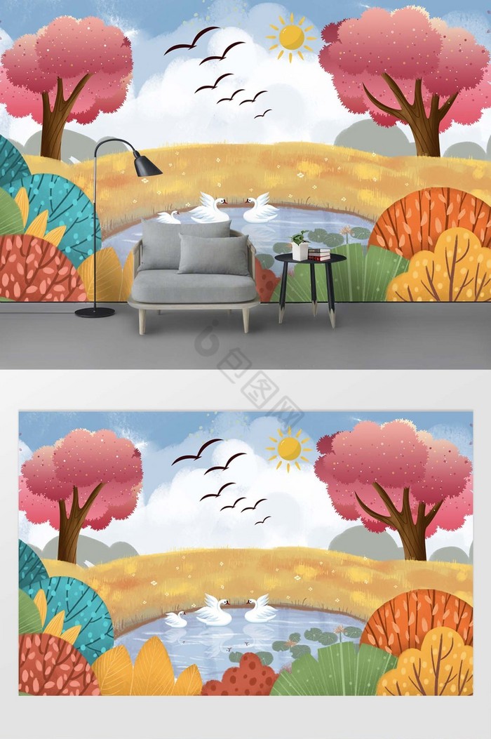 现代温馨卡通森林花卉天鹅儿童背景墙图片
