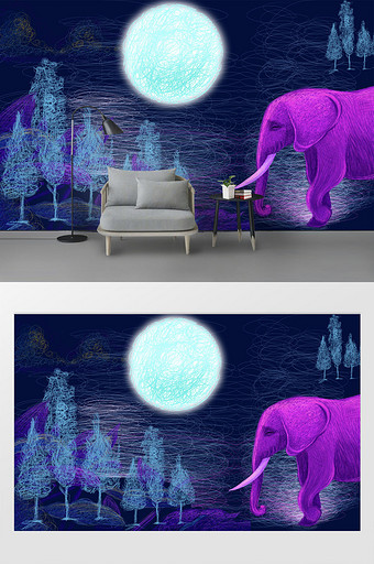 现代涂鸦线条手绘大象森林背景墙图片