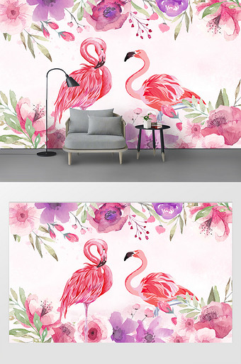北欧粉色浪漫水彩手绘花朵火烈鸟背景墙图片
