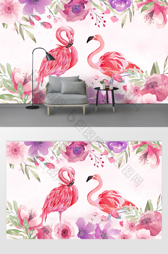 北欧粉色浪漫水彩手绘花朵火烈鸟背景墙