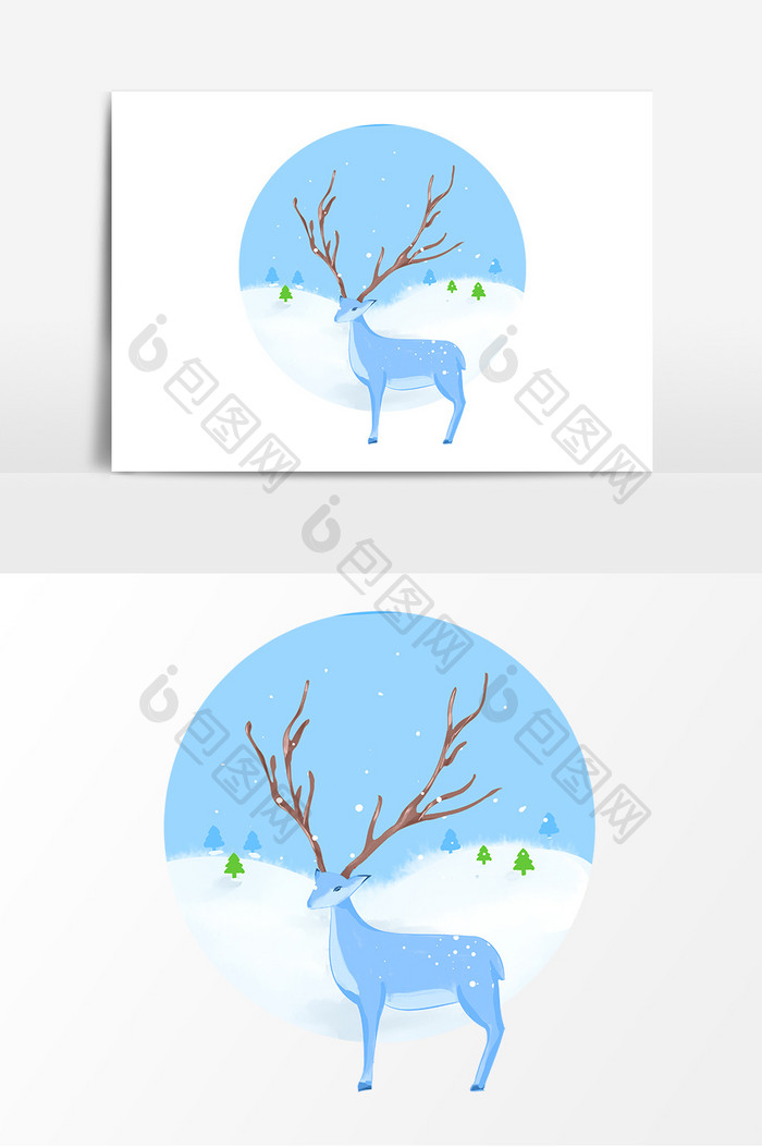 动物雪花鹿下雪树木元素