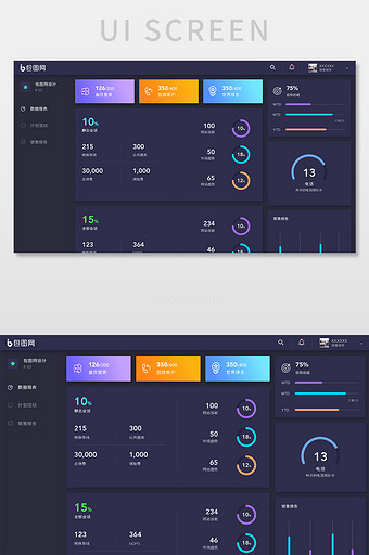 深紫色渐变风格数据可视化UI网页界面图片