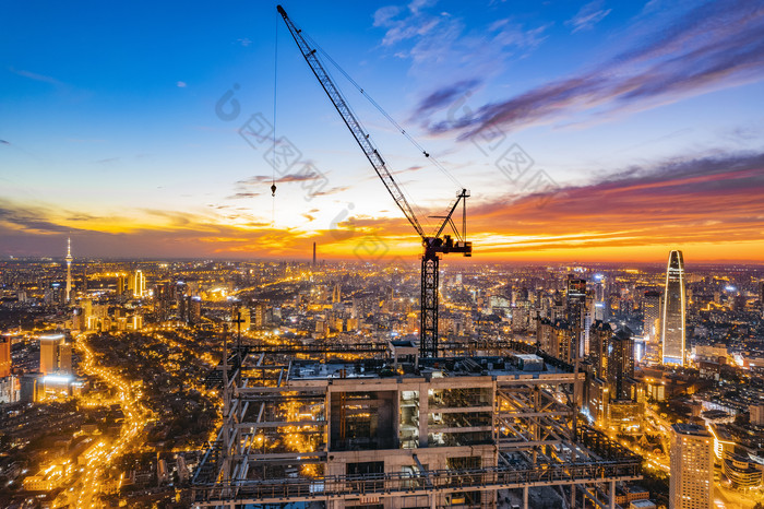 天津城市高楼建筑夜晚航拍