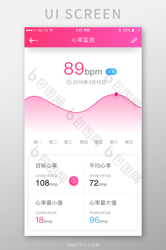 时尚粉色智能心率监测UI移动界面