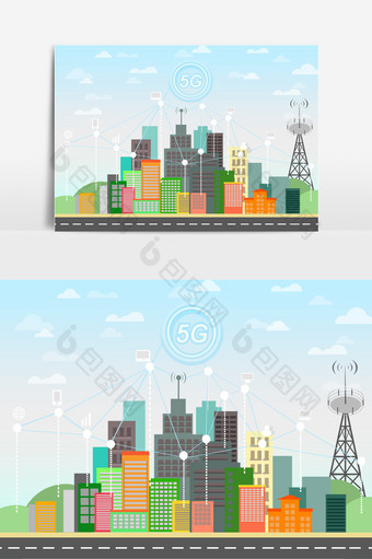 卡通科技城市5G信号元素图片