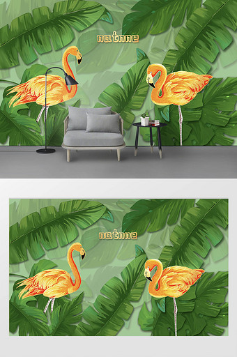 新现代手绘热带植物小清新金色火烈鸟背景墙图片