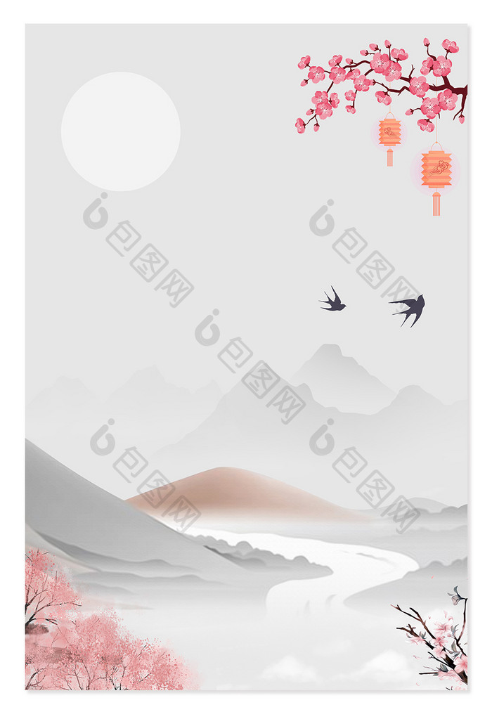 中国风水墨山水樱花清明节气背景图