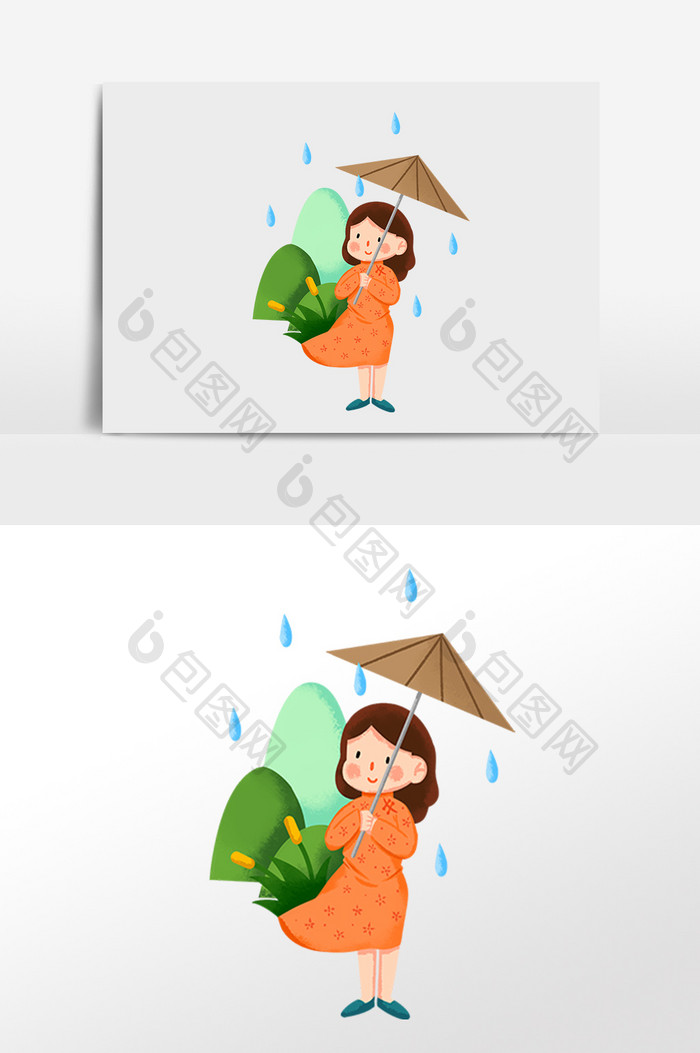 手绘清明节打伞的卡通女孩插画