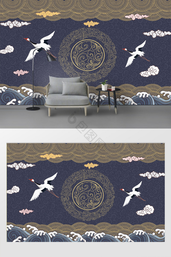 新现代国潮传统花纹仙鹤背景墙图片