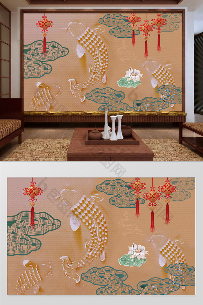 中国风剪纸国画客厅书房背景墙