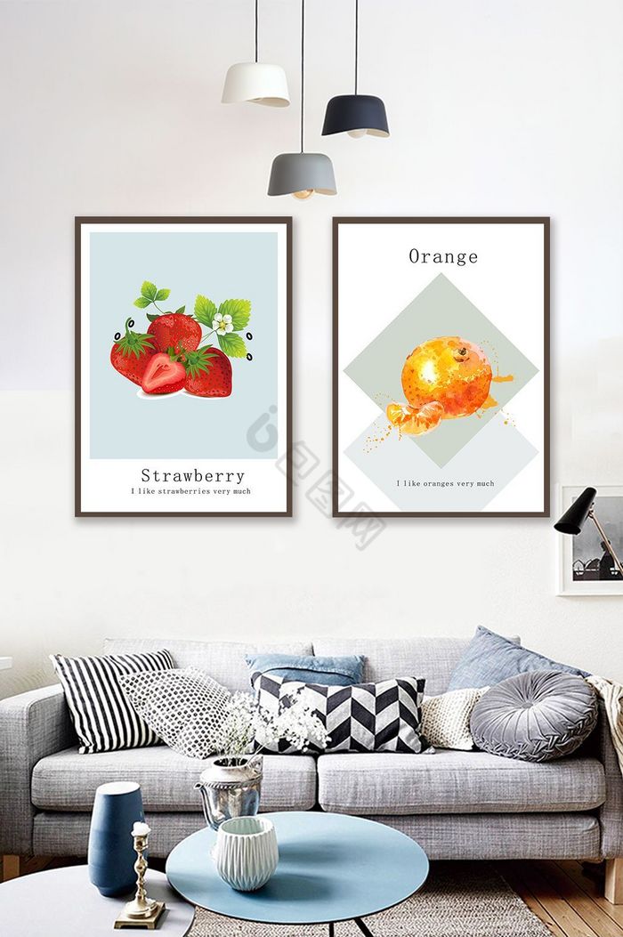 文艺小清新橙子草莓水果客厅双联装饰画图片