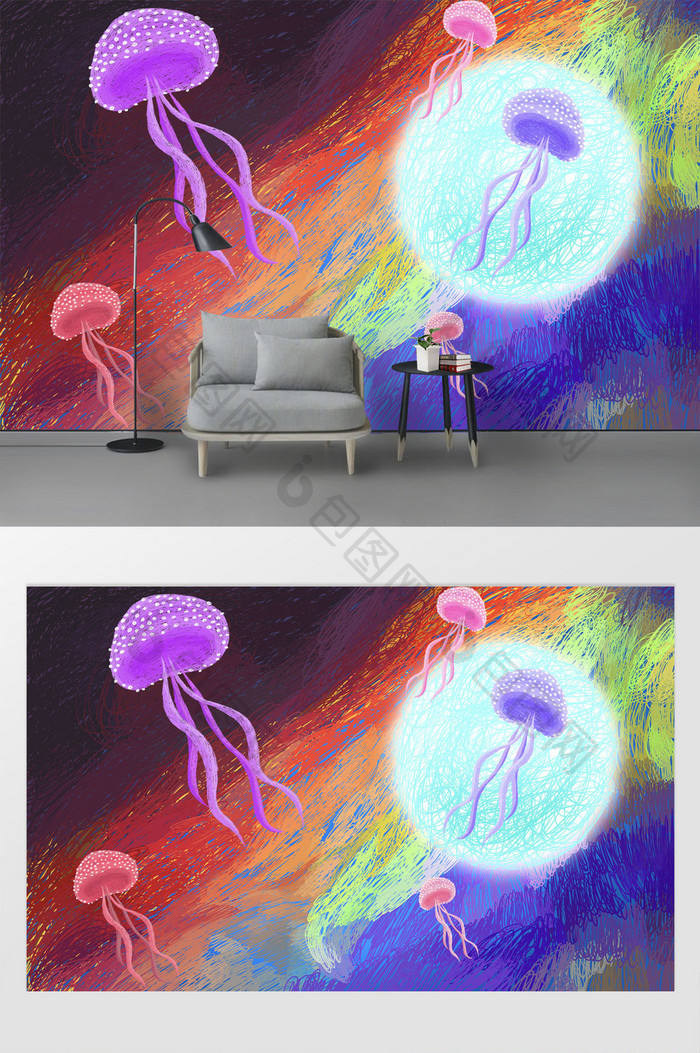 涂鸦彩绘星空上水母现代背景墙