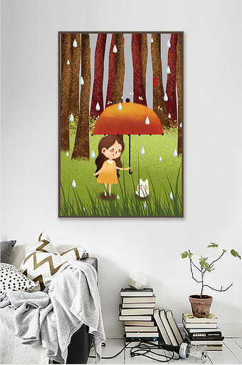 手绘森林打伞的女孩风景儿童房卧室装饰画图片