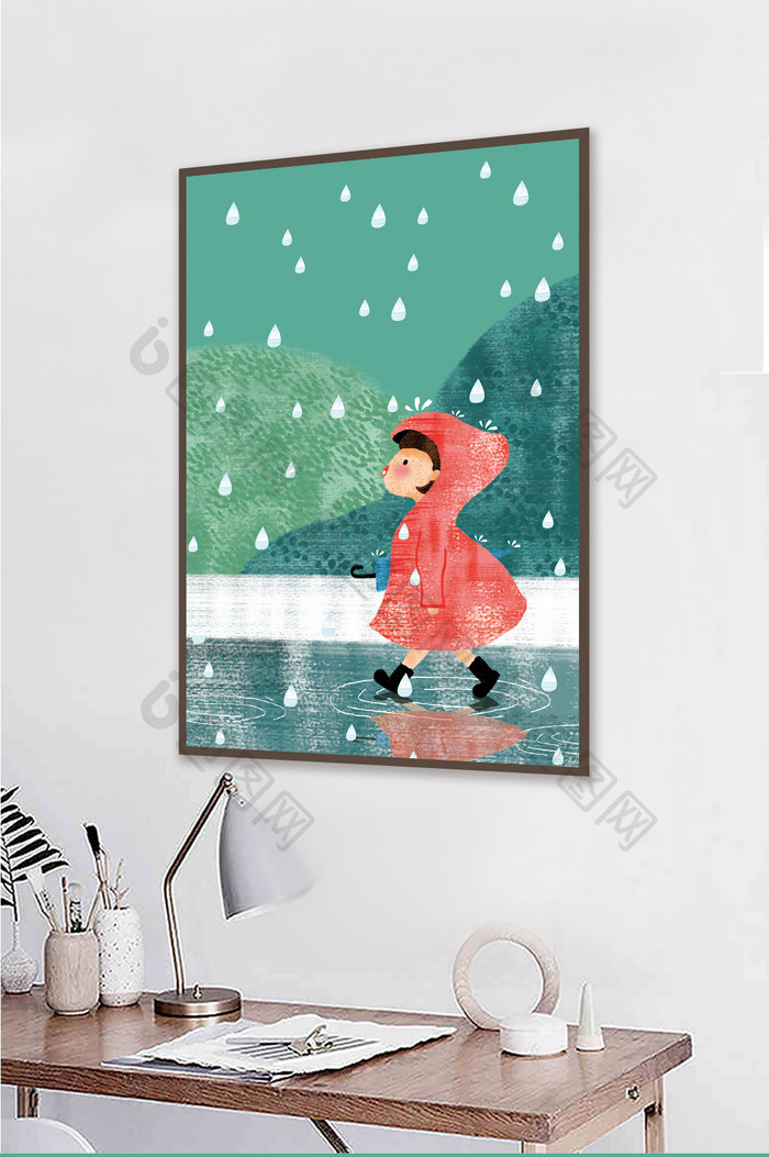 手绘穿雨衣的小女孩风景儿童房卧室装饰画
