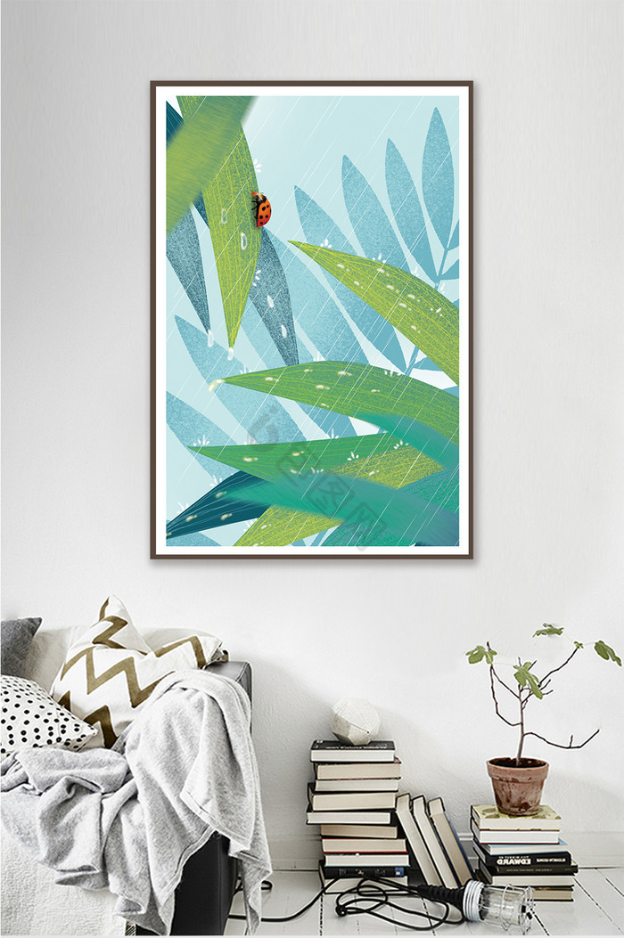 手绘植物七星瓢虫雨季风景客厅卧室装饰画图片