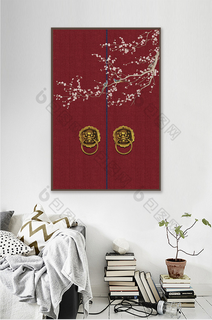 新中式红色红门艺术中国风创意装饰画