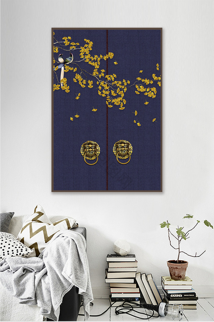 蓝色门口新中式黄色花朵装饰画图片