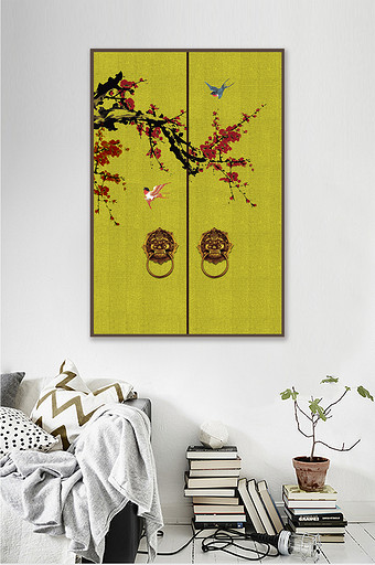 新中式黄色门中国风梅花红色装饰画素材图片